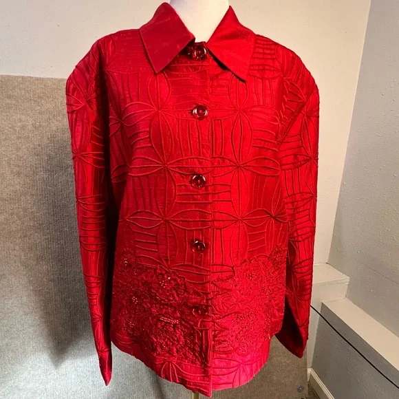 Anage Silk Red Embroidered Dress Jacket Women’s Size XL - Picture 7 of 14